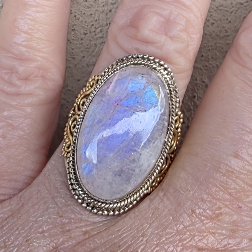 High-Quality, Custom-Made Rainbow Moonstone Ring in 925 Sterling Silver